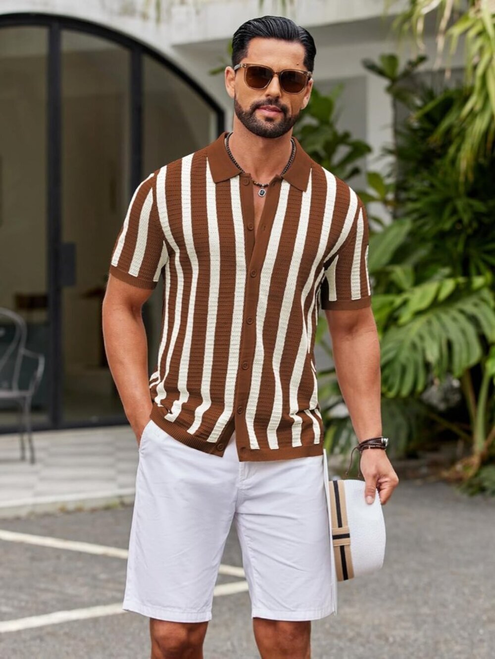 Men's Caramel & Beige Knit Striped Polo Short Sleeve Summer Beach Casual Shirt - Picture 4 of 6